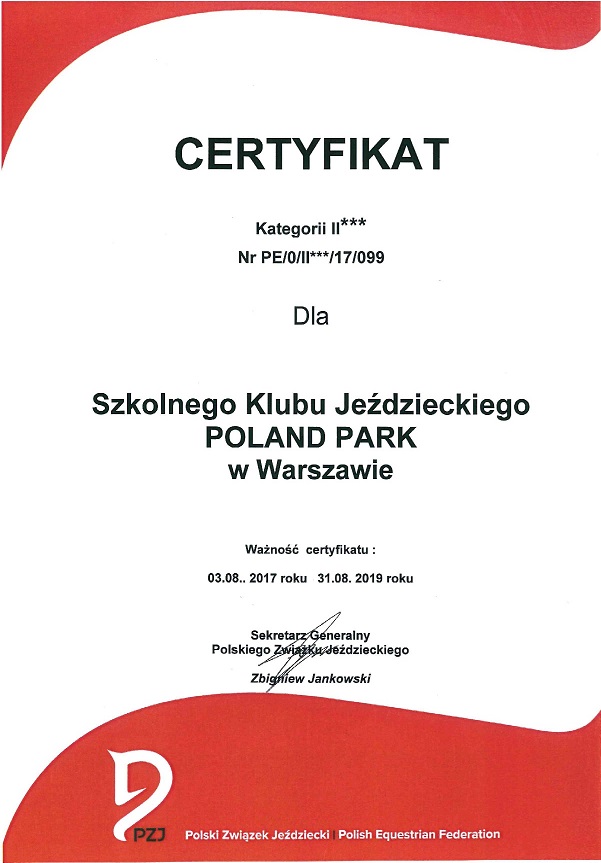 Certyfikat PZJ dla SKJ Poland Park na lata 2017 -2019 600